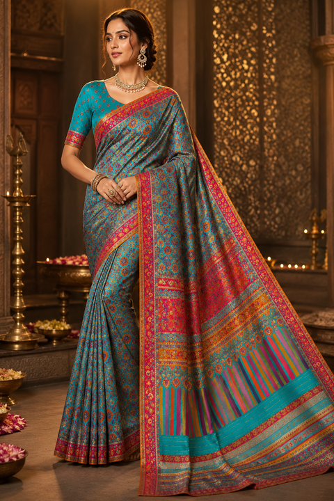 Kashmiri Kalamkari Inspired Soft Silk Saree with vibrant multicolour weaving and an elegant contrast pallu for a rich, timeless look.Blouse piece attached. Model image for reference only. Slight variation in colour and design may occur.