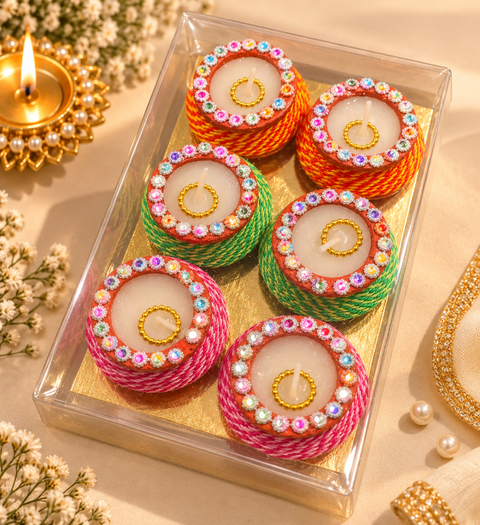 Beautiful 6-Piece Diya Candle Set with colourful handcrafted design and wax candles inside, perfect for Diwali décor and gifting. Slight handmade variations may occur.