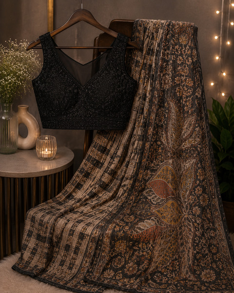 Heavy all-over sequin saree paired with a beautifully handcrafted designer blouse, offering a premium festive look with a graceful drape and elegant fall (slight variation in color and design is possible)blouse size 38-40
