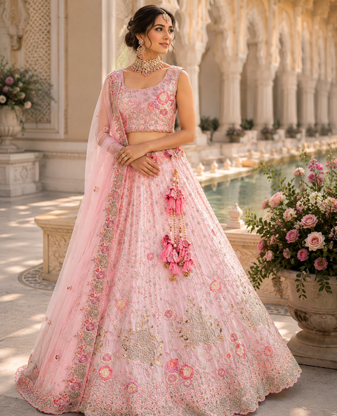 Georgette based stones hand work with heavy sequins work Heavy Ken ken Bridal designer lehnga with heavy handwork blouse and netting dupatta (slight variation in color & design is possible)