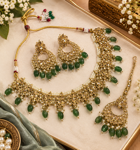 Beautiful polki stones with pearls and colorful stones necklace & earrings with Tikka. Slight variations in colour and design are possible.