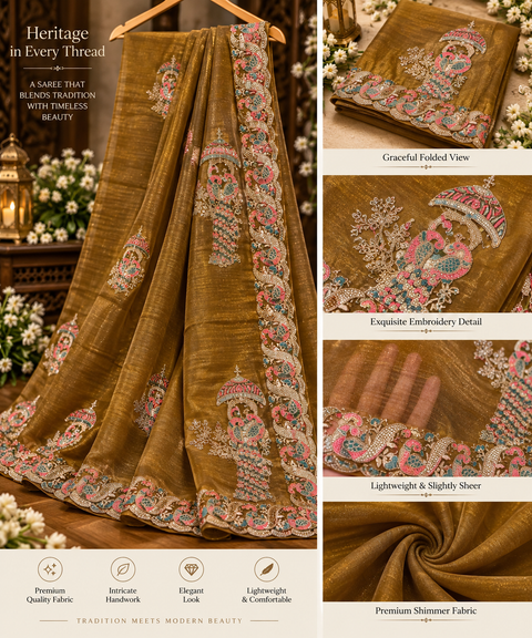 Soft Shimmer Georgette Saree with a lightweight, graceful fall,elegant peacock embroidery, delicate handwork and a beautifully detailed border. Attached blouse piece included; model blouse is for reference .Slight variation in color & design may occur