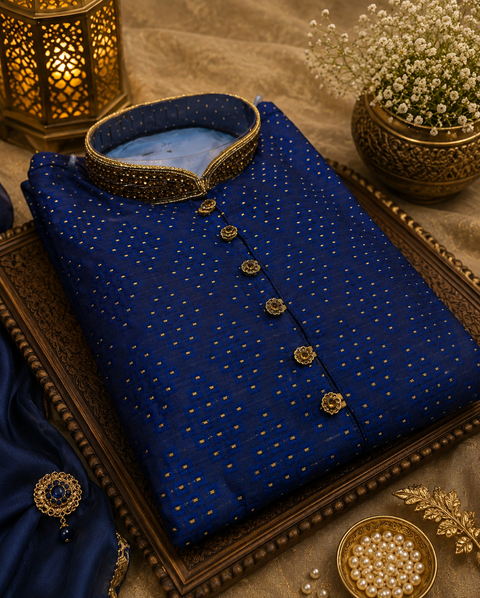 Soft Silk based Heavy brocade work with stone work buttons and neck design , designer Kurta with golden Pajama (slight variation in color and design is possible)