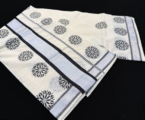 KERALA KASAVU COTTON SAREE WITH BEAUTIFUL PRINT