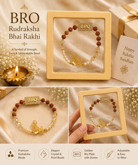 Premium Rudraksha bracelet-style Rakhi with elegant crystal and pearl detailing, beautifully packed in a luxury gift box for your beloved brother
