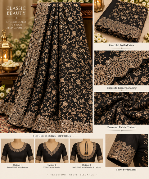 Black pure georgette saree with Kashmiri-inspired soft thread floral embroidery and delicate stone work all over. Finished with a beautifully detailed scalloped border for a rich, elegant look.