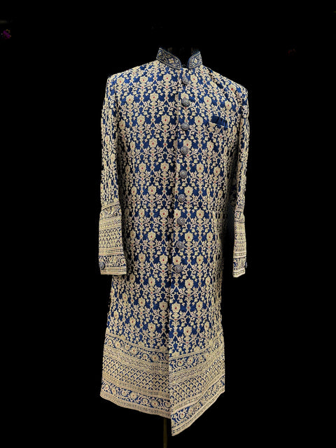 (Video clip attached )Navy Blue color heavy embroidery work all over with hand work pearl beaded neck, buttons and sleeves design Sherwani and Pants