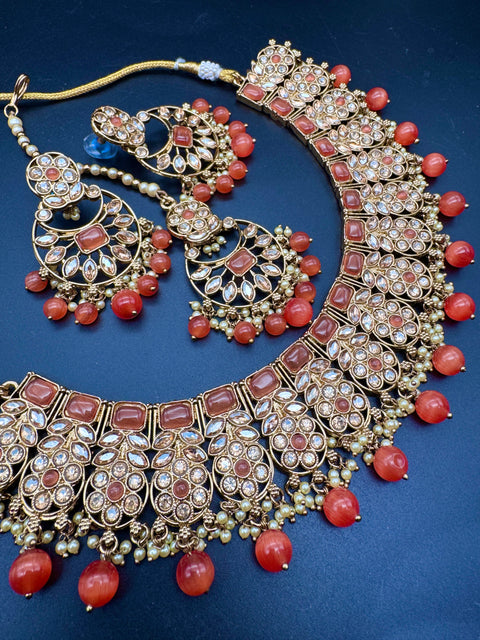 Original Polki stone with pearls beaded work beautiful necklace with jhumka and tikka set
