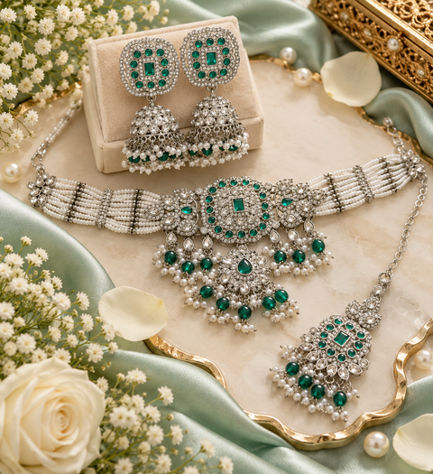 Beautiful silver stones with pearls and colorful stones choker necklace & Jhumka with Tikka. Slight variations in colour and design are possible.