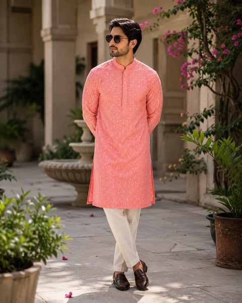 Pure cotton based beautiful embroidery work at front and back with sequins work designer Kurta & white Pajama (slight variation in color and design is possible)