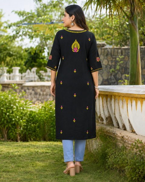 Very soft rayon-based kurti with elegant Lucknowi embroidery at front and back , giving it a graceful and timeless look. Pants are not included – this is kurti only. Slight variation in color and design is possible.