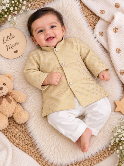 Adorable Brocade Silk Newborn Kurta Pajama Set with soft inner lining, easy front-open kurta and matching elasticated pajama for comfortable wear.Kurta L 35 cm,Chest 25 cm,Sleeve 24 cm,Pajama L 33 cm. Slight variation in colour & design may occur