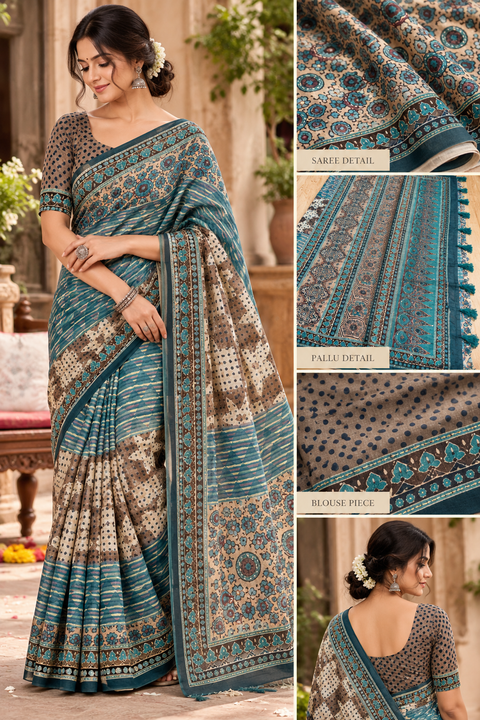 Elegant Chanderi cotton silk saree featuring delicate dotted prints, a beautifully detailed floral pallu and traditional printed border. Lightweight, graceful and perfect for festive or elegant day wear.