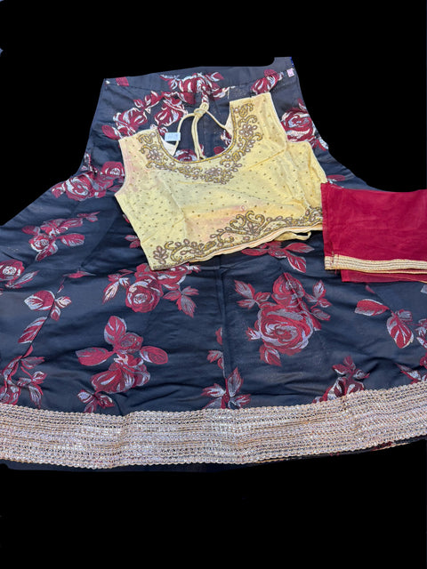 Golden colour silk based stone work blouse with brocade silk lehnga(some red patches on blouse )