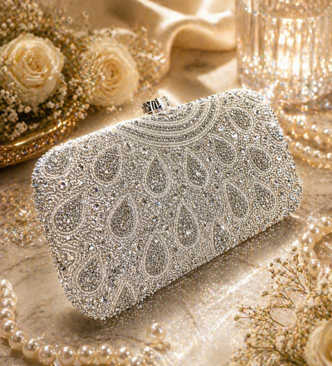 Stone work and pearls work beaded Handwork designer clutch bag with handle to carry with chain inside the clutch (can be attached or detached)