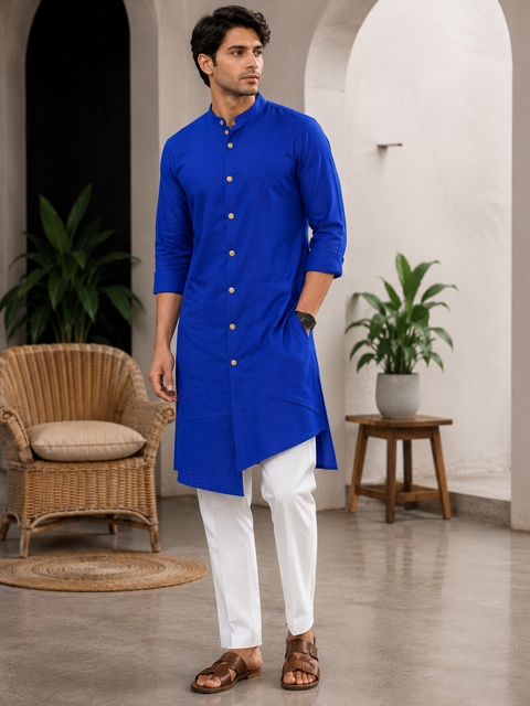 Blue colour cotton kurta with pajama pants (slight variation in color and design is possible )