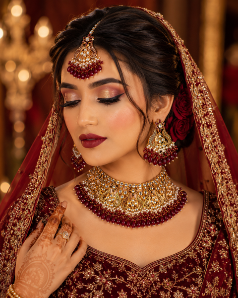 Dark Maroon colour Beautiful meenakari work with Dark MAroon pearls with Kundan Stones necklace set(slight variation in color and design is possible)