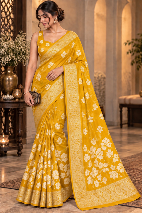Soft Georgette Printed Saree – Lightweight and flowy with elegant all-over print and border. Matching blouse piece attached; model blouse is for reference only. Slight variation in colour/design is possible.