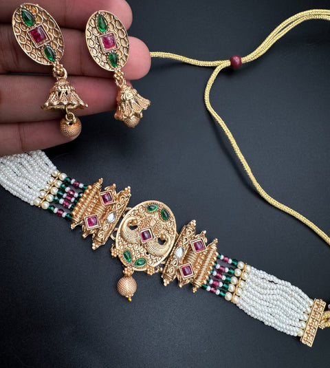Mat look antique gold traditional necklace set with pearls and kundan work