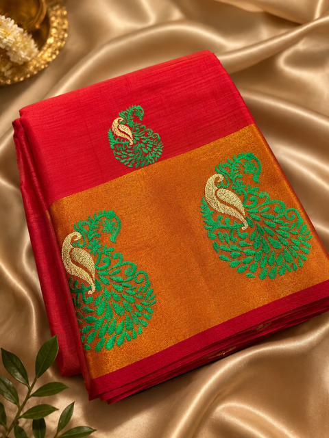 Silk Based Embroidery work Design beautiful Saree  (blouse is attached to Saree ) slight variation in color and design is possible )