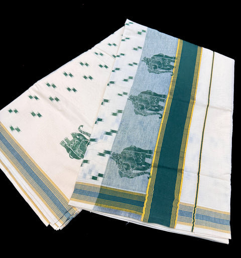 KERALA KASAVU COTTON SAREE WITH BEAUTIFUL ELEPHANT PRINT