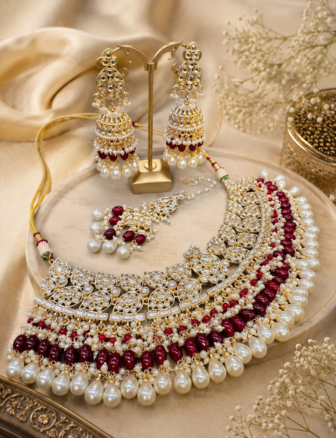 Kundan studded & pearls work designer heavy work Necklace set with beautiful Earrings & Tikka