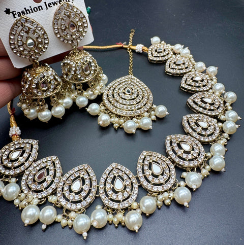Jerkan stone with pearls beaded work beautiful necklace with jhumka and tikka set