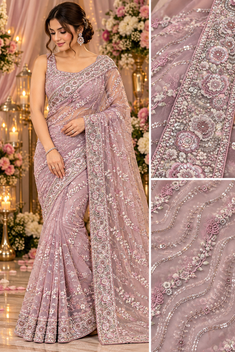 Heavy Embroidered Net Saree Beautiful net saree with all-over floral embroidery, sequin work & a rich heavy border.Blouse shown is for reference only; actual blouse piece is attached with the saree. Slight variation in colour/design possible.