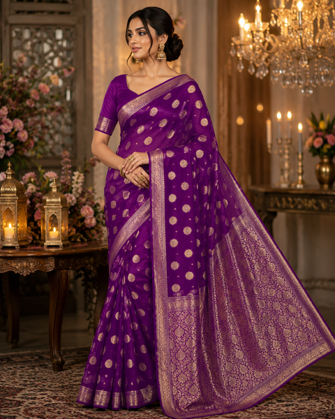Very Soft Pure georgette chiffon based Beautiful zari work Banarasi look Saree(Blouse Shown Is For Reference Only. The Blouse Piece Is Included With The Saree As Unstitched Fabric)(slight variation in color and design is possible )