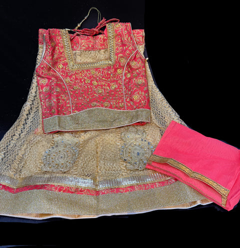 Brocade silk blouse with netting lehnga & netting dupatta