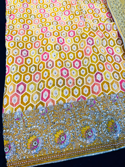 (Video clip attached) Yellow shades pure chiffon based embroidery work with handwork kameez with plain silk bottom fabric (2.75 mtrs) and chiffon based heavy hand work dupatta
