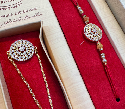 AD stone Work Bhai Bhabhi Rakhi in nice pack gift box with Mishri, Sindoor, Rice, Chandan