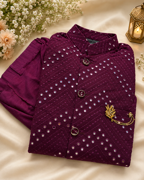 Mirror work Jacket with Raw Silk based Kurta & Pants (slight variation in color and design is possible)