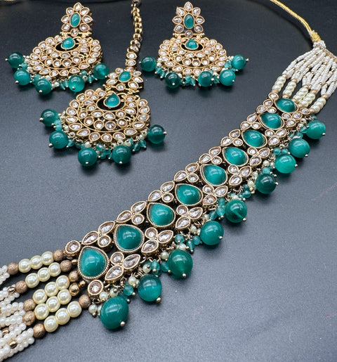 Original Polki big stone with pearls beaded heavy work classy choker necklace with earrings and tikka set