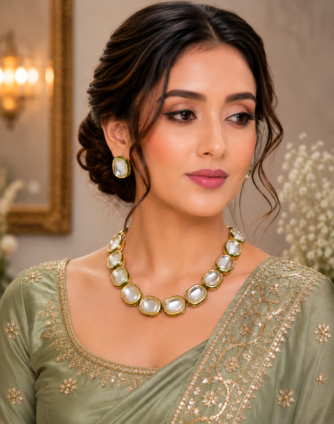 Original Kundan stone square shape necklace with small studs