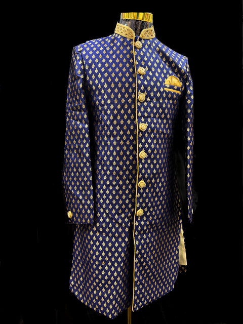 (Video clip attached ) Blue color silk based heavy embroidery work with all over sequinned work Jacket style Mens classy Indo western with (half sleeves Kurta ) and Pants