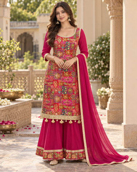 Silk-blend patchwork kameez with mirror & stone work, paired with a flowy circular palazzo and plain georgette dupatta with golden border. Slight variation in colour/design possible