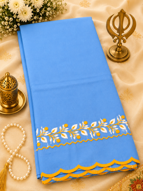 Elegant Hazoori Saropa crafted in rich light blue fabric, adorned with traditional yellow and white embroidery and a delicate scalloped border.Size (around 216cms lenth / 84 cms wide)