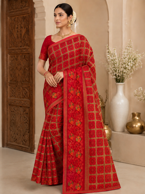 Beautiful Bandhani print work with Stones and embroidery design beautiful soft Georgette Saree Blouse Worn By The Model Is For Reference Purposes Only. The Blouse Piece Is Attached Separately With The Saree. Slight Variation In Color And Design May occur