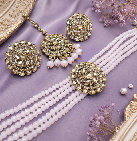 Jerkan fine stone with pearls beaded choker set with beautiful studs & tikka