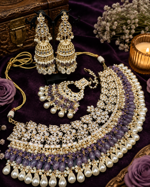 Kundan studded & pearls work designer heavy work Necklace set with beautiful Earrings & Tikka