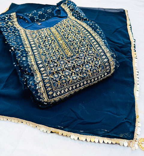 Georgette based embroidery with sequined work designer flared kameez /gown with tights and georgette  based embroidery work dupatta