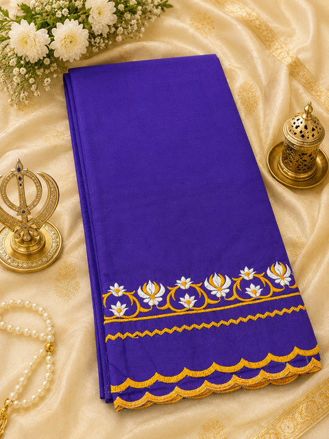 Elegant Hazoori Saropa crafted in rich royal blue fabric, adorned with traditional white and yellow embroidery and a delicate scalloped border.Size (around 216cms lenth / 84 cms wide)