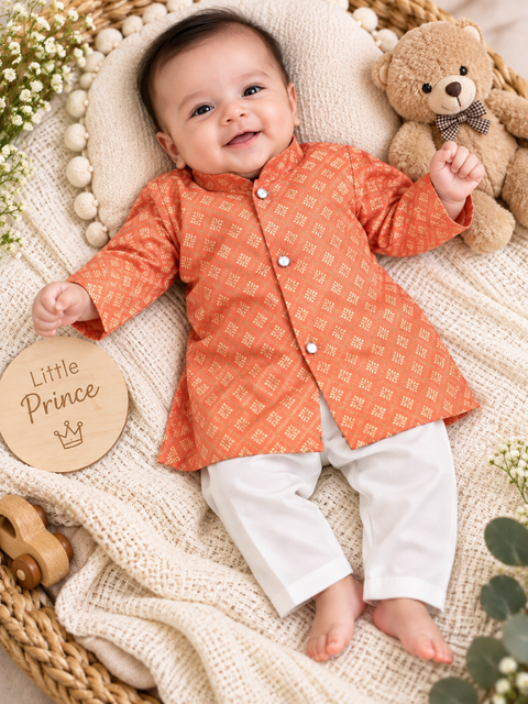 Adorable Brocade Silk Newborn Kurta Pajama Set with soft inner lining, easy front-open kurta and matching elasticated pajama for comfortable wear.Kurta L 35 cm,Chest 25 cm,Sleeve 24 cm,Pajama L 33 cm. Slight variation in colour & design may occur