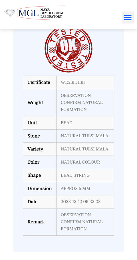 Original Tulsi Mala & certified Rudraksh , Description and certificate attach( barcode can be scanned to check the certificate)