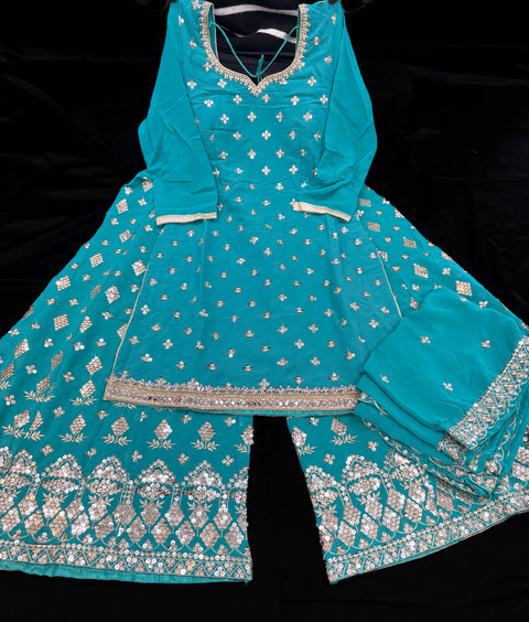 Georgette based sequined and embroidery work kameez with sharara pants and Georgette dupatta