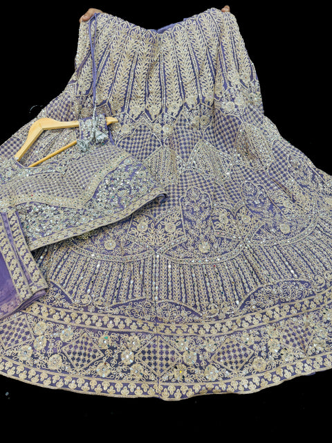 Plus size Netting based heavy embroidery with mirror work designer blouse with heavy flared lehnga and netting based sequined work dupatta