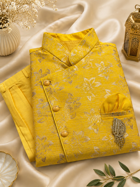 Yellow colour silk based kurta with pants  & brocade jacket (slight variation in color and design is possible)
