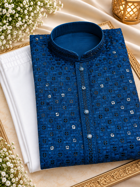Soft Rayon based embroidery with sequined work kurta, Comes with a white pajama.Slight variation in colour and design is possible.