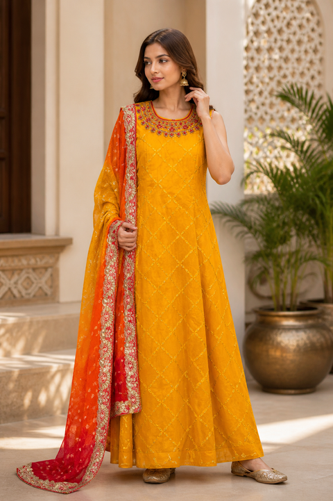 Mustard and Red color Chanderi silk based embroidery work long kameez with dupatta( slight variance in color and design is possible)